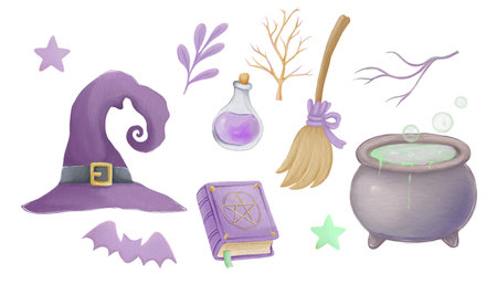 Watercolor lilac illustrations of a witchs Halloween set. Cute childrens illustrations.の写真素材