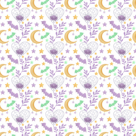 Cute Halloween pattern for kids. Cute spider, moon, stars, bats in watercolor style on a white background.の写真素材