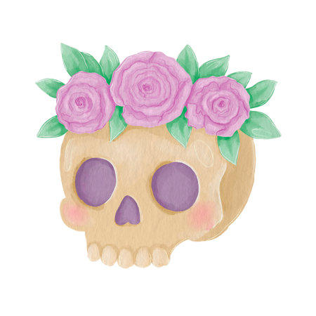 Watercolor illustration element for Halloween and Day of the Dead. Skull with cute purple flowers. Cute drawing.の写真素材