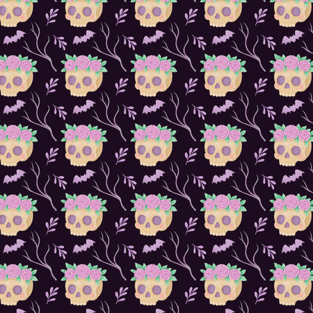 A cute pattern for Halloween and Day of the Dead featuring watercolor-style skulls. A cute skull and a bat in dark colors.の写真素材