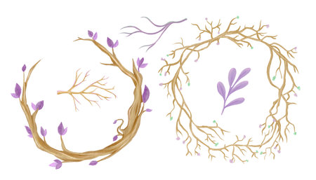 A collection of wreaths made of twigs, leaves, and dry branches. Watercolor illustrations of autumn and spring floristry.の写真素材