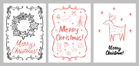 Merry Christmas greeting card Set. Xmas design in trendy retro hand drawn doodle style. Retro graphics, wreath, deer, festive.のイラスト素材