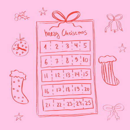 Vector linear doodle illustration advent calendar and decorations for Christmas.のイラスト素材