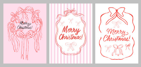 Retro-style Christmas greeting cards in dusty pink and red shades. Trendy bows, doodle graphics, striped patterns.のイラスト素材