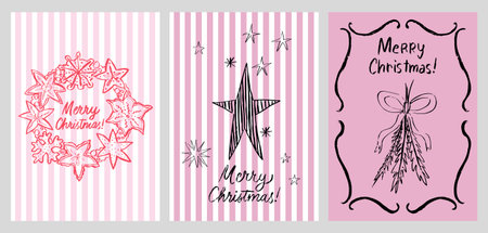 Retro-style Christmas greeting cards in dusty pink and red colors. Trendy bow, doodle graphics, striped pattern, Scandinavian.のイラスト素材