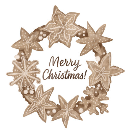 Watercolor illustration of a gingerbread wreath for Christmas. Hand-drawn.の写真素材