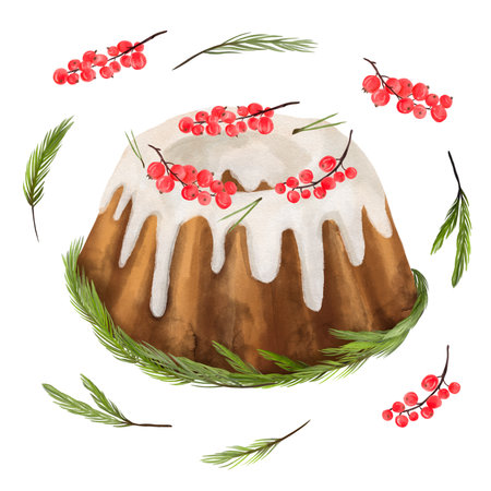 Watercolor illustration of a Christmas cake and pastries with red currants berries, with fir branches. Hand-drawn.の写真素材