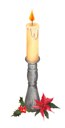 Watercolor illustration of a Christmas candle in a silver candlestick with sacred red berries and a flower. Hand drawn.の写真素材