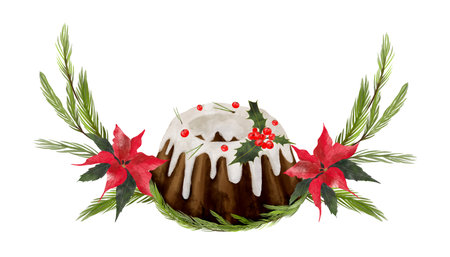 Watercolor illustration Christmas vignette with fir branches, a red Christmas flower, and a cake. Invitation frame.の写真素材