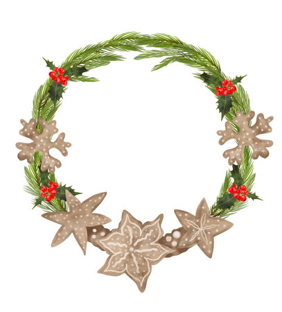 Watercolor illustration of a coniferous Christmas wreath with gingerbread cookies and red holly berries. Hand-drawn.の写真素材