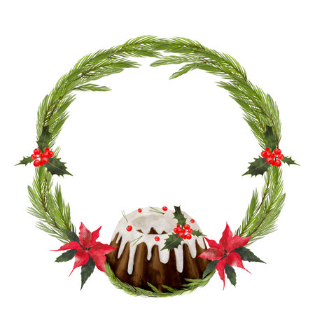 Christmas watercolor illustration of a fir wreath with a traditional cake, red berries, and flowers. Designs for greeting cards.の写真素材