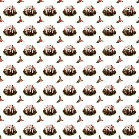 Seamless Christmas pattern in watercolor style. Christmas cookies and red flower.の写真素材