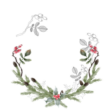 Illustration of a Christmas arrangement in a semicircle made of fir branches and red berries. Watercolor and graphic style.の写真素材
