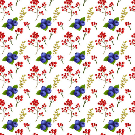 Watercolor-style pattern featuring autumn and winter forest berries.の写真素材