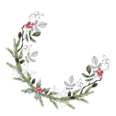 Illustration of a Christmas arrangement in a semicircle made of fir branches and red berries. Watercolor and graphic style.の写真素材