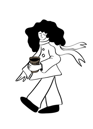 Vector illustration in doodle flat style of a girl walking through the city with coffeeのイラスト素材