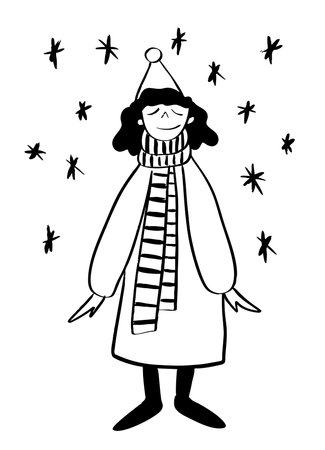 Vector doodle illustration of a girl standing in a coat under snowfall. Winter, snow, coziness.のイラスト素材
