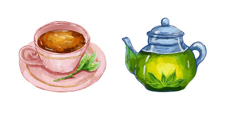 Watercolor illustration of a teapot with green tea and a pink teacupの写真素材