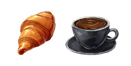 Watercolor illustration of a cup of black coffee with a croissant. Drink and pastry.の写真素材