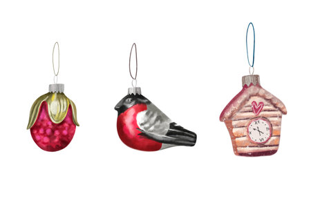 Watercolor illustration of vintage glass Christmas tree decorations. New Year. A little house, a little bird, a little berry.の写真素材