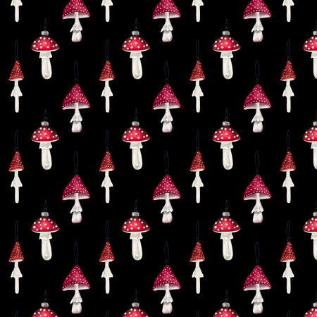 Seamless pattern with Christmas tree decorations in the form of toadstools. Watercolor style design for New Year and Christmas.の写真素材