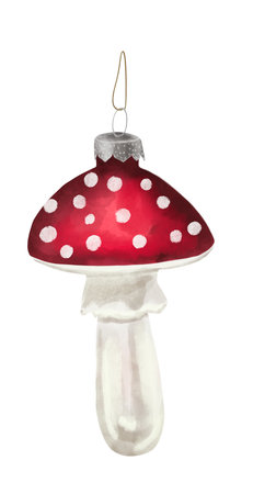 Watercolor illustration of New Year and Christmas tree decoration, toadstool. Mushroom decoration.の写真素材