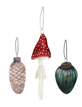Watercolor illustration of vintage Christmas tree decorations: mushroom, pine cone, glass.の写真素材