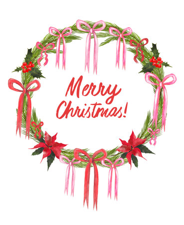 Illustration of a Christmas wreath made of fir branches with trendy pink and red bows. Lettering saying Merry Christmas.の写真素材