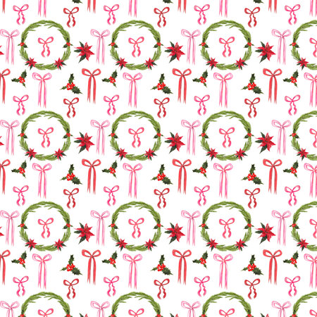 Seamless Christmas pattern with a wreath, trendy pink bows, sacred red flowers poinsettias, and berries.の写真素材