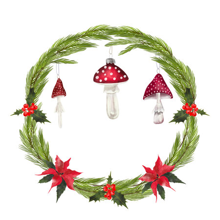 Watercolor illustration with Christmas wreath, red poinsettia and berries, with vintage glass toys in the shape of toadstools.の写真素材