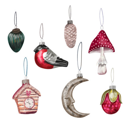 Vintage decorations for a Christmas or New Year tree. Watercolor-style illustration.の写真素材