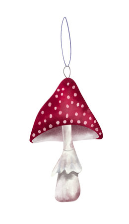 Watercolor illustration of New Year and Christmas tree decoration, toadstool. Vintage mushroom decoration.の写真素材