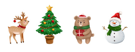 Illustration with cute New Year characters. With a fawn, a Christmas tree, a mink with a gift in Santas hat, and a snowman.の写真素材