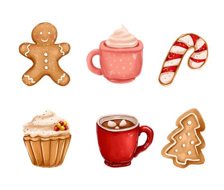 Illustration with cute Christmas treats: gingerbread cookies, cocoa, striped candy, cake.の写真素材