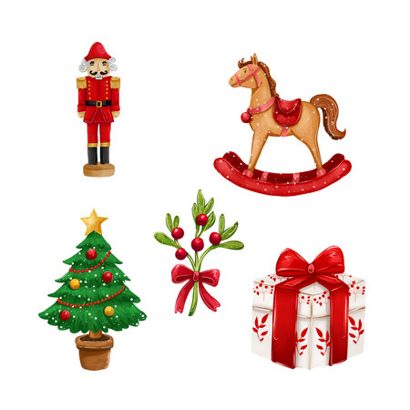 Illustration with a nutcracker, a rocking horse, a Christmas tree, a Christmas plant, and a gift.の写真素材