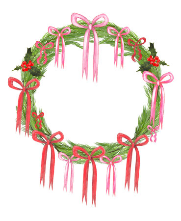 Illustration of a Christmas wreath made of fir branches with trendy pink and red bows. Lettering saying Merry Christmas.の写真素材