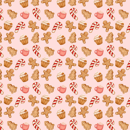 Seamless watercolor Christmas pattern: cocoa in a pink mug, gingerbread cookies, and a gingerbread man.の写真素材