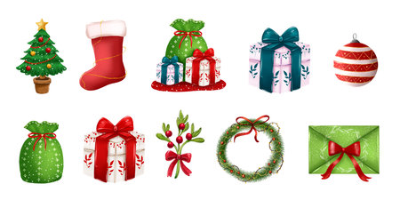 A collection of Christmas and New Year cartoon illustrations featuring a Christmas tree, gifts, and decorations.の写真素材