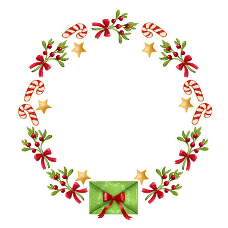Illustration of a Christmas wreath with sweets, flowers, stars, and an envelope with a wish for Santaの写真素材