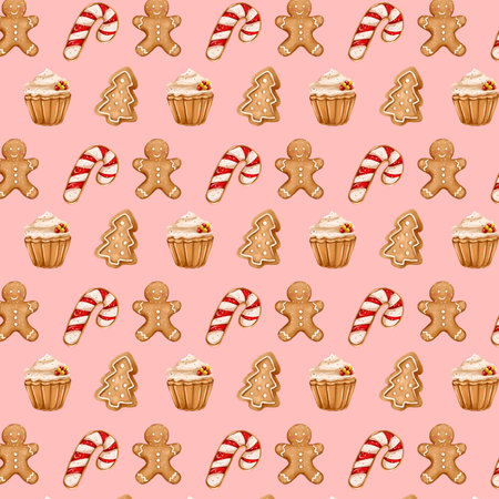 Seamless pattern featuring Christmas sweets, sweet cupcakes, and gingerbread cookies.の写真素材