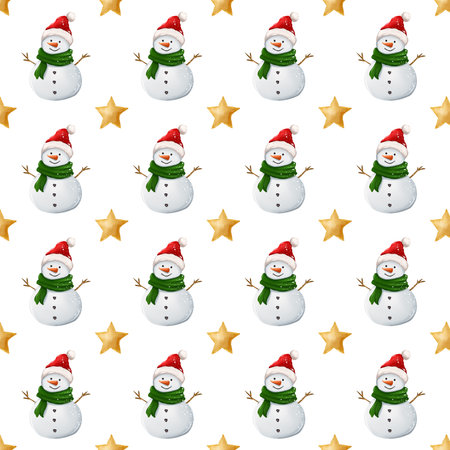 Christmas and New Years seamless pattern with festive snowmen and cute stars.の写真素材