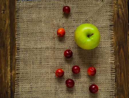 green and red small apples on burlap, black background, natural light, top view, space for textの写真素材