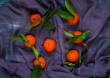 mandarins with green leaves on a violet backgroundの写真素材