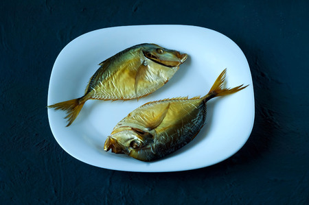 smoked fish on a white ceramic plate on a blue background of concrete, top view, place for text, close upの写真素材