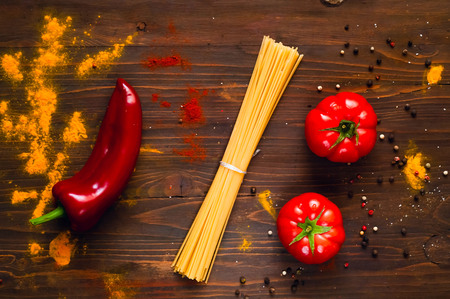 ingredients for cooking paste on wooden dark background. Background with spices. Top view. Close up. The concept of spices for cooking, copy spaseの写真素材