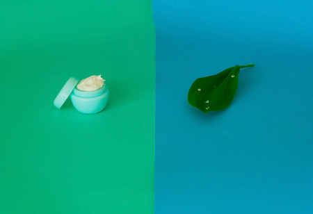 green leaf and white face cream from ecological natural ingredients on a two-color background of mint and blue, the concept of complex natural skin care of the face, close-up, copy spaceの写真素材