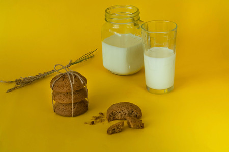 glass of milk and oatmeal cookies on yellow background, concept of natural products, choice of...