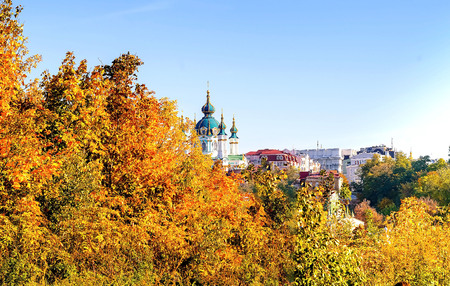 Kyev landscape, view of the Andreevskaya church from the Zamkov hillsの写真素材