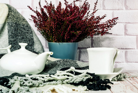 Vintage ceramic white cup and teapot on white wooden background with plaid, hugge style, close up,copy spaceの写真素材