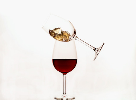 Two glasses with wine on white background, close up, copy space